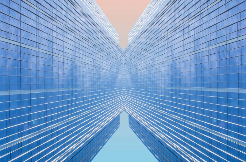 quantitative data flow representation, blurry corporate buildings