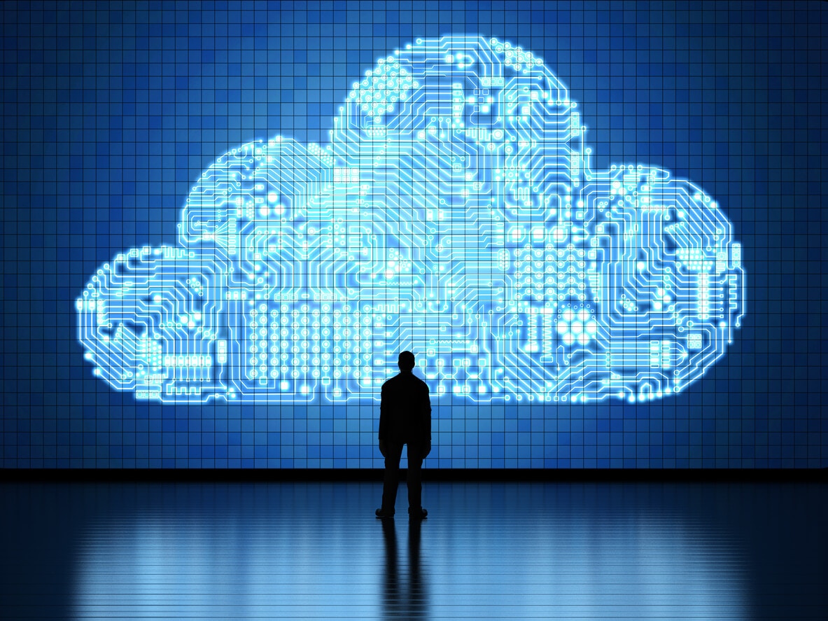 a person looking at a huge data cloud