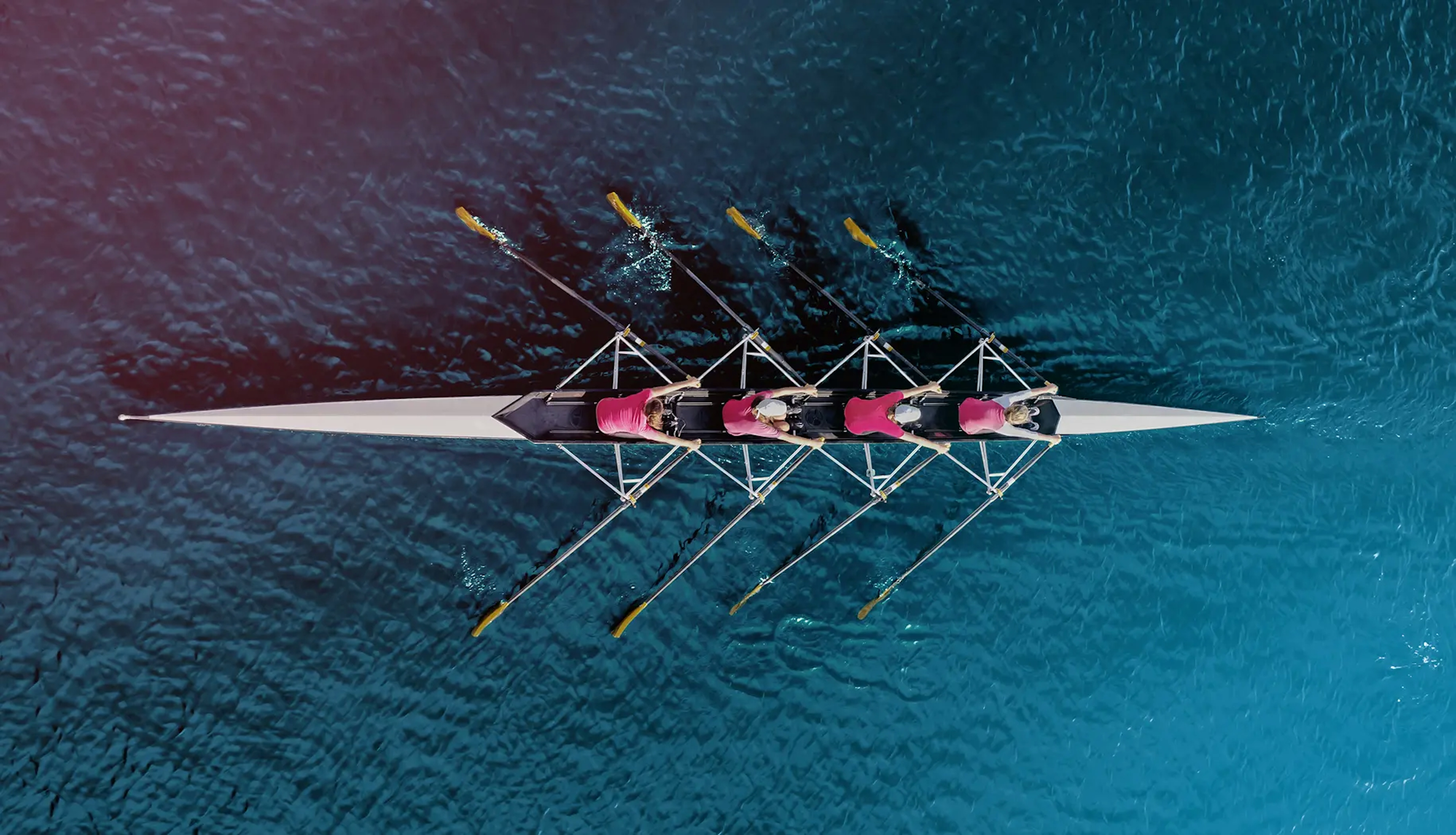 Aerial view of a rowing team in perfect sync, symbolizing high-performing teams, collaboration, and adaptive talent in motion.