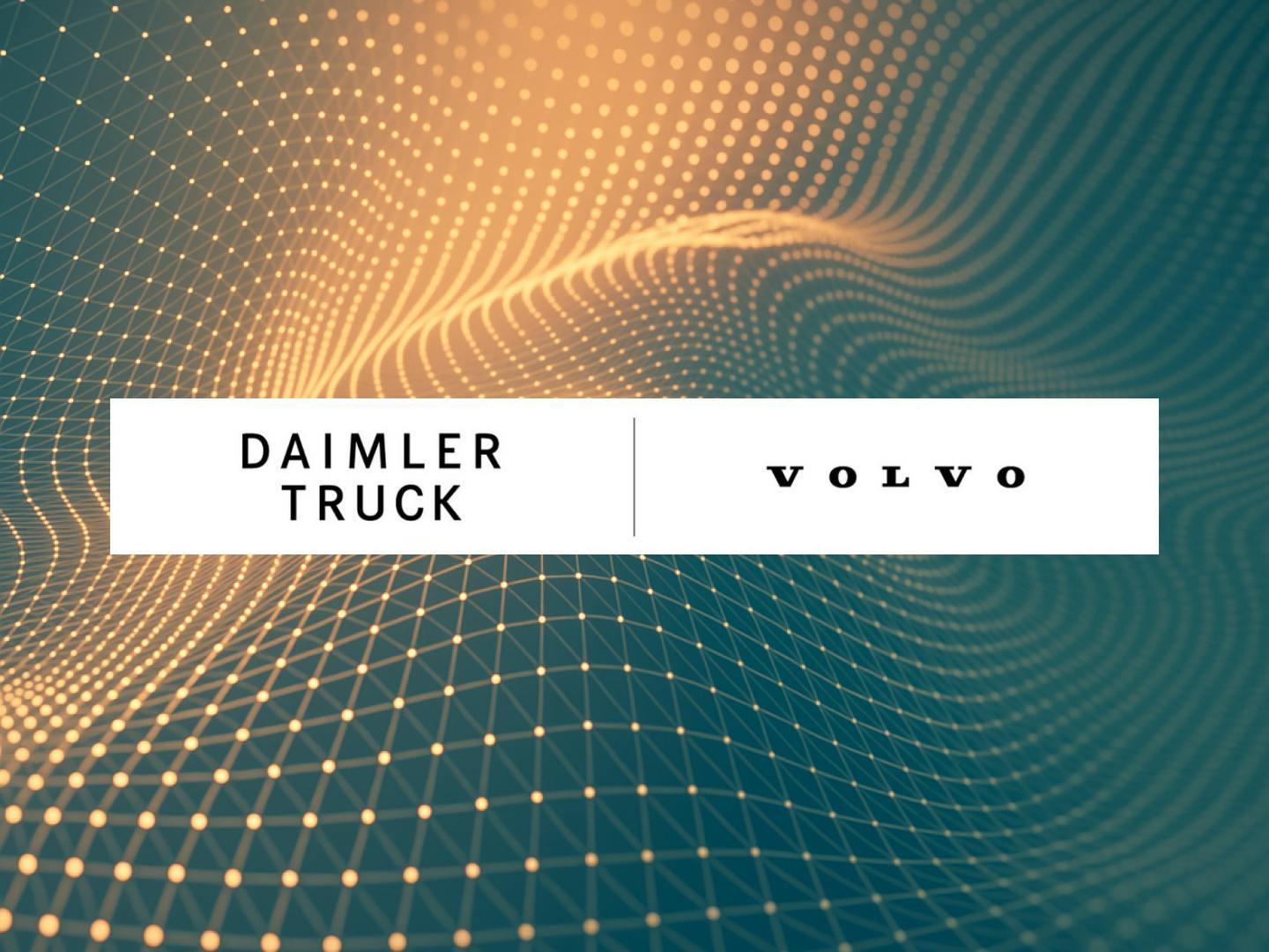 Logos of Daimler Truck and Volvo Group on a dynamic digital background, representing their joint venture for a software-defined vehicle platform.