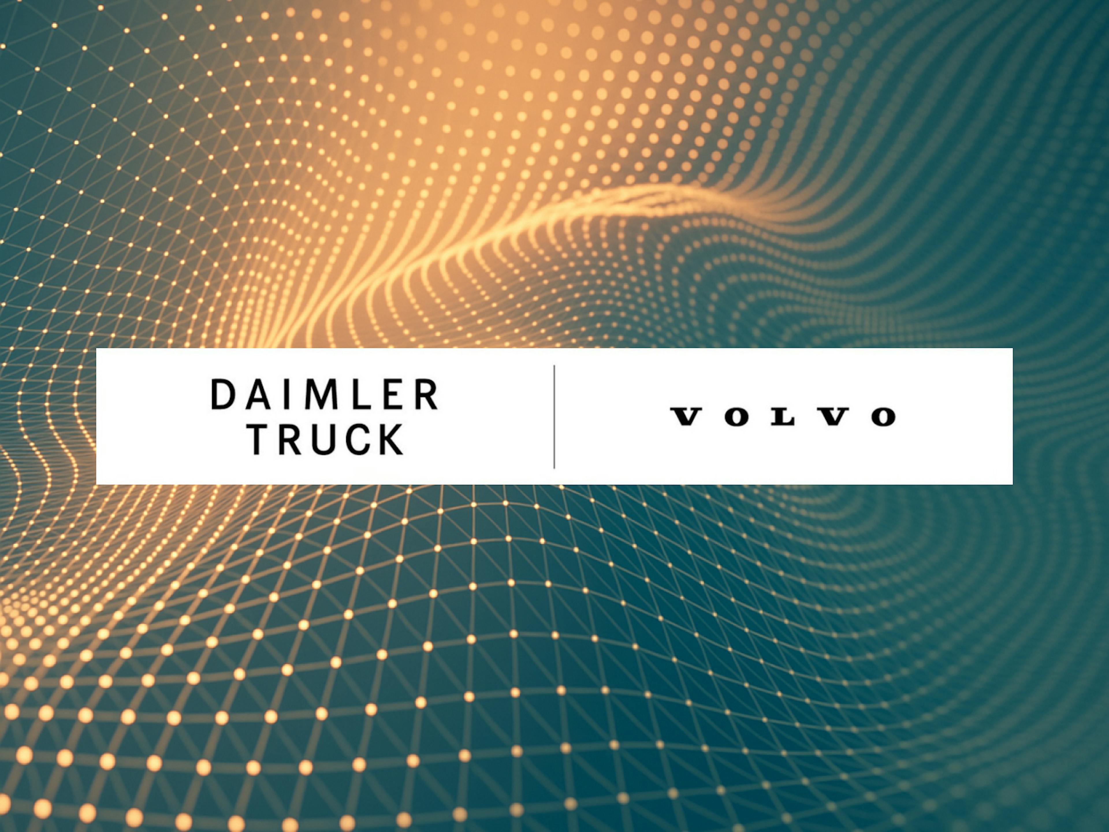 Logos of Daimler Truck and Volvo Group on a dynamic digital background, representing their joint venture for a software-defined vehicle platform.