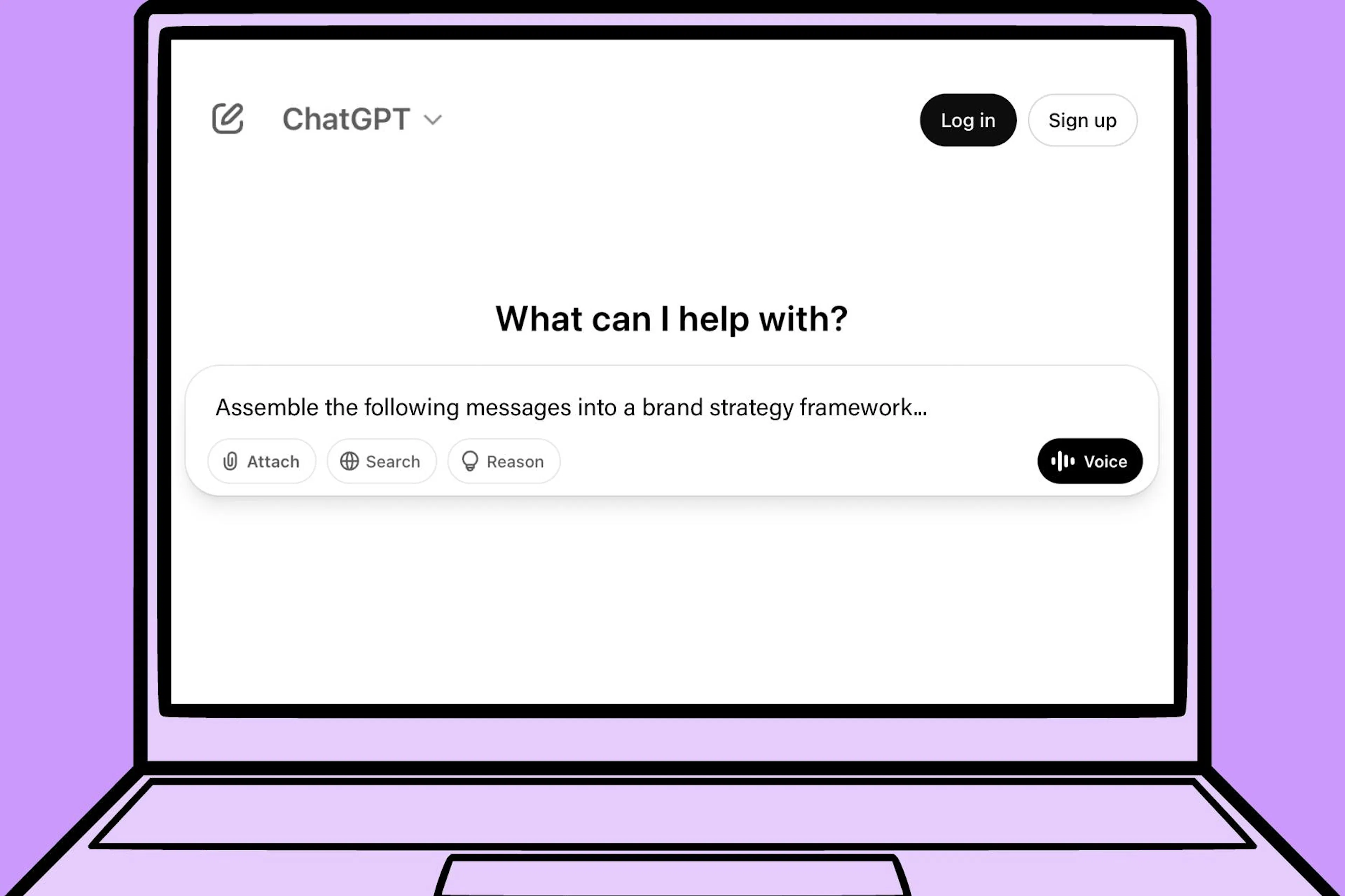 A purple background with a computer featuring a screen with ChatGPT on it with a query string of 'Assemble the following messages into a brand strategy framework'. With the 'D4ML' tag for Diagrams For Modern Life. For the blog What's The Most Innovative Question You Can Ask?