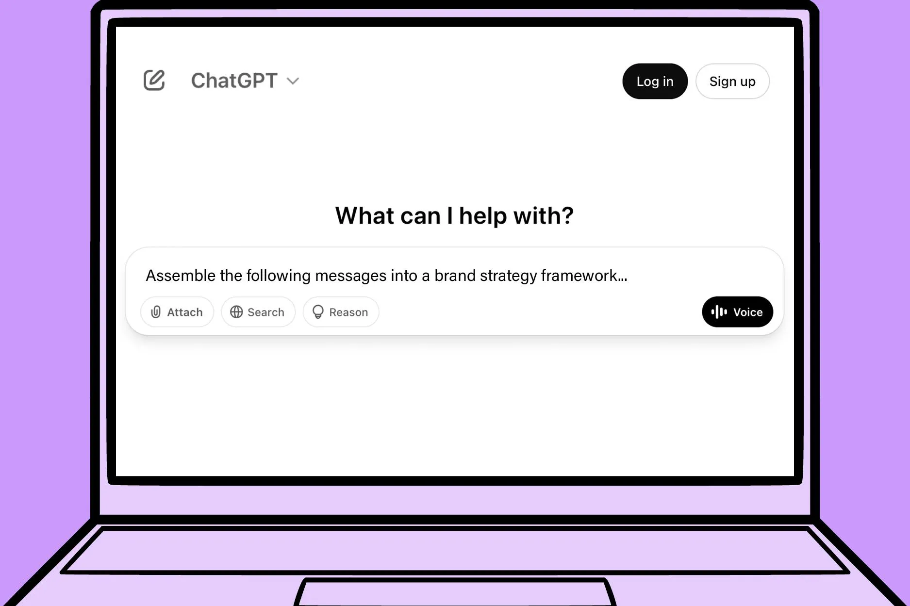 A purple background with a computer featuring a screen with ChatGPT on it with a query string of 'Assemble the following messages into a brand strategy framework'. With the 'D4ML' tag for Diagrams For Modern Life. For the blog What's The Most Innovative Question You Can Ask?
