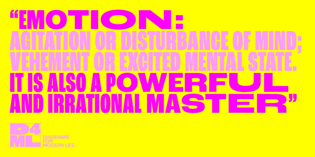 A yellow background with the quote from the Rocky Horror Picture Show: "Emotion: agitation or disturbance of the mind; vehement or excited mental state. It is also a powerful and irrational master." With the 'D4ML' tag for Diagrams For Modern Life. For the blog Why emotion matters in branding and how to harness it