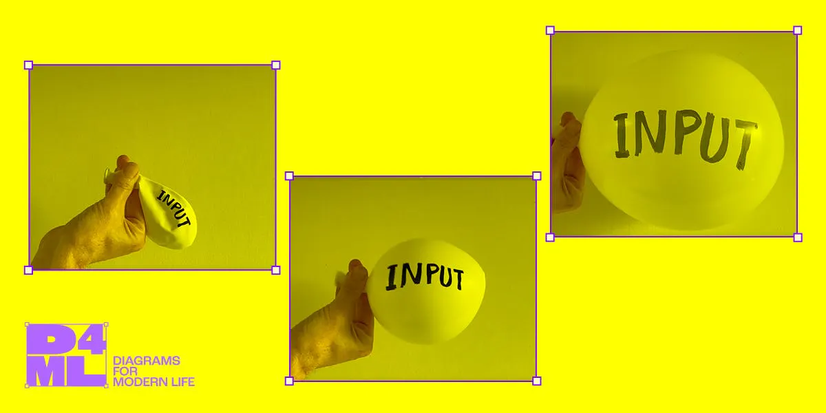 A hero image with a yellow background. A balloon is shown in three stages via three photos of being blown up. The balloon has the text "input" written on it to emphasise the point of the blog title 'Overenthusiastic Input'. With the a purple 'D4ML' tag for Diagrams For Modern Life