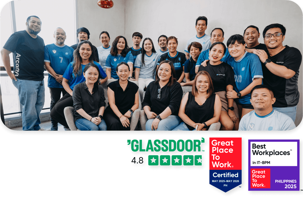 Arcanys employees smiling with great place to work and glassdoor badges below