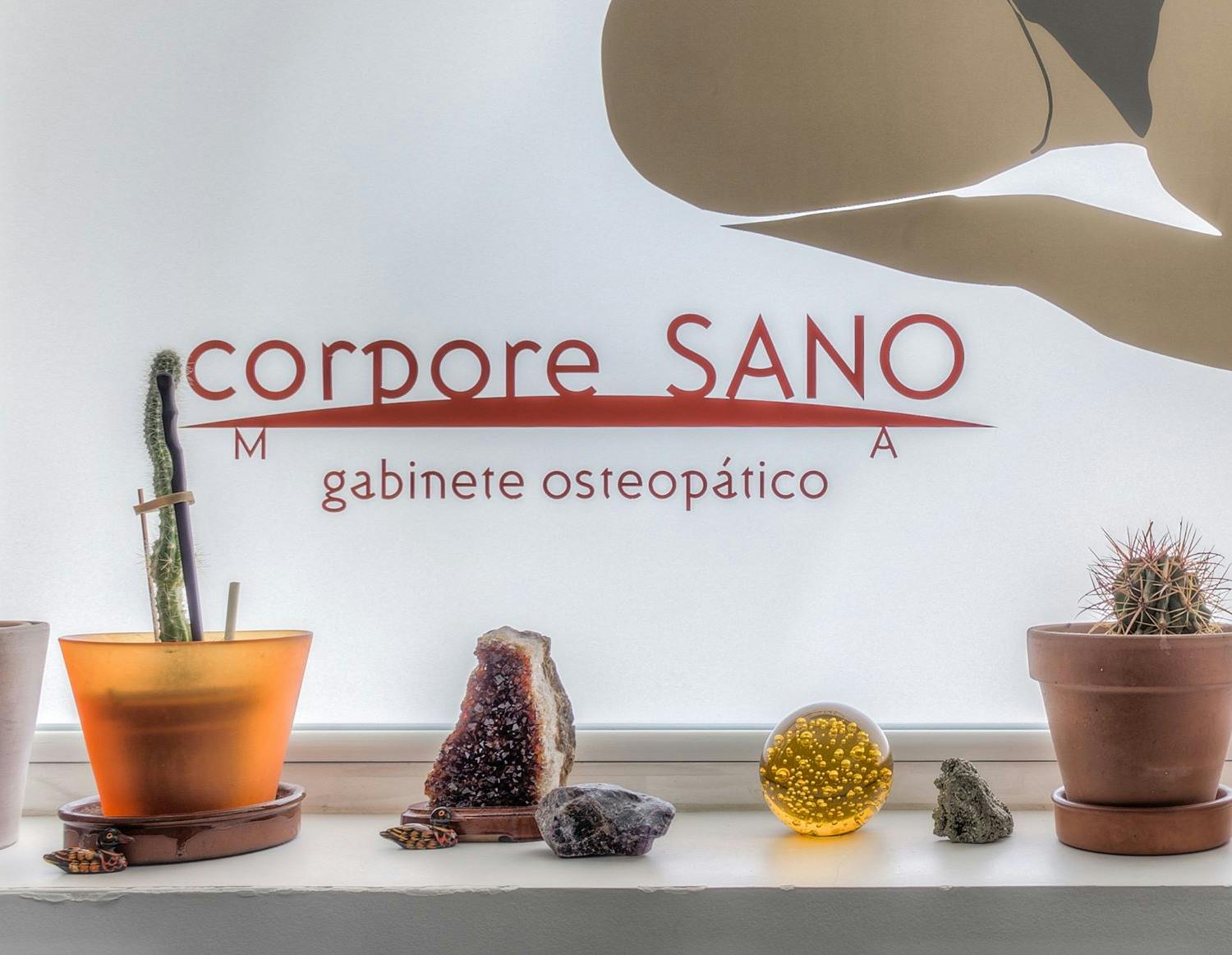 Objetos relajantes y sanadores apoyados en fila con el logo de Corpore Sano al fondo