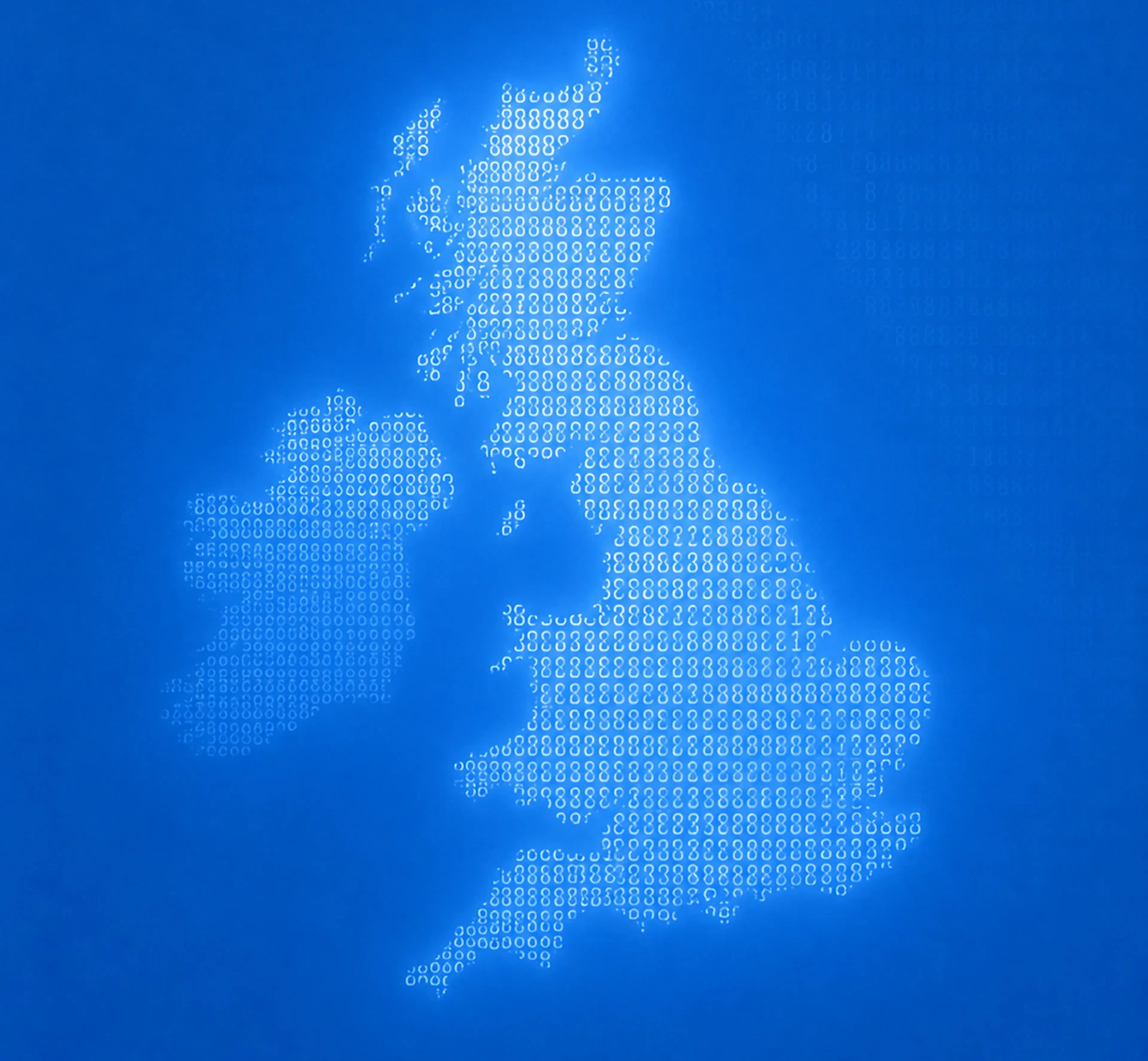 A map of the United Kingdom and Ireland formed from glowing code