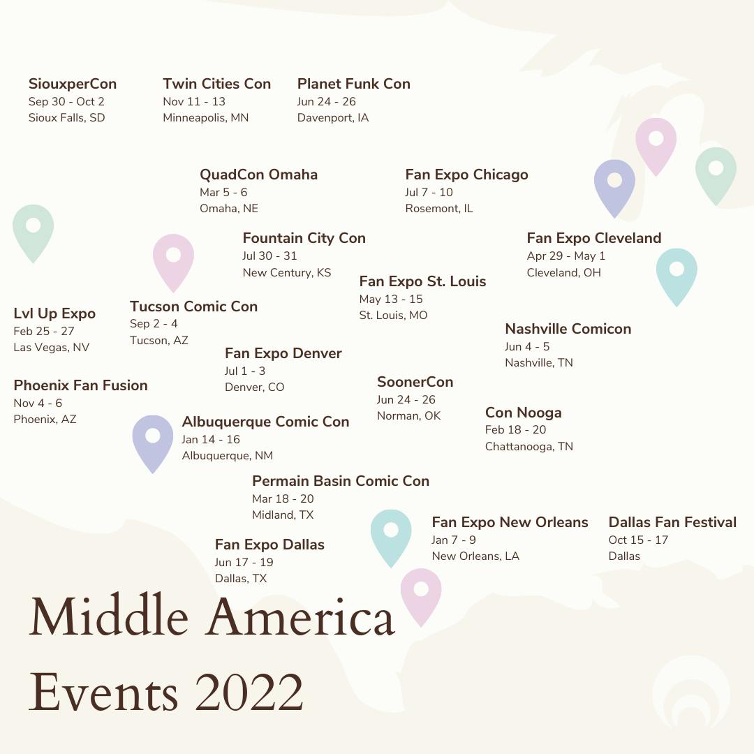 Map and table of cosplay conventions USA middle America 2022