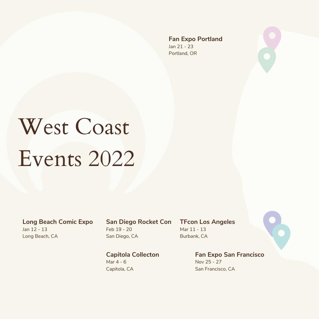 Map and table of cosplay conventions USA west coast 2022