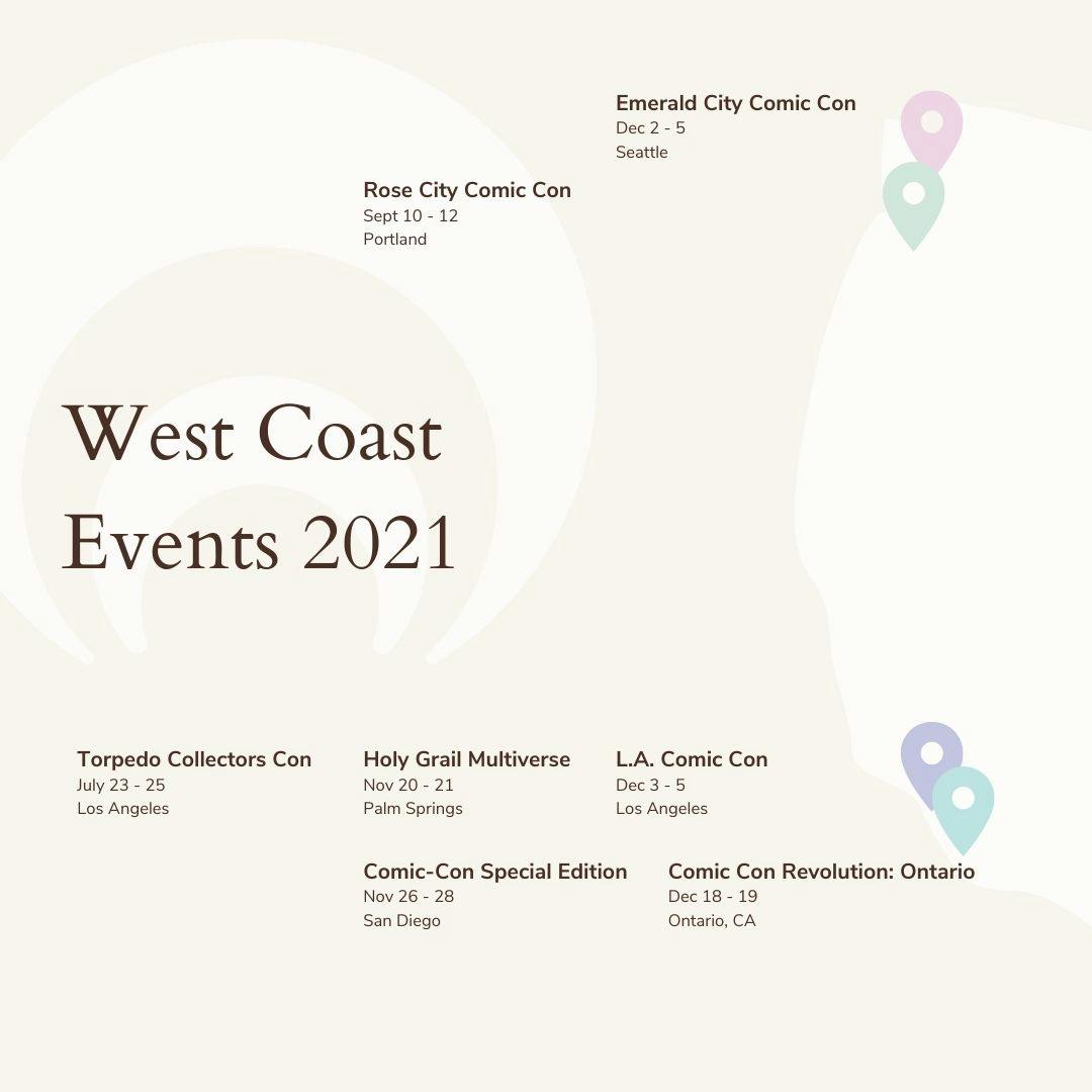 Map of cosplay conventions with dates for USA west coast in 2021.