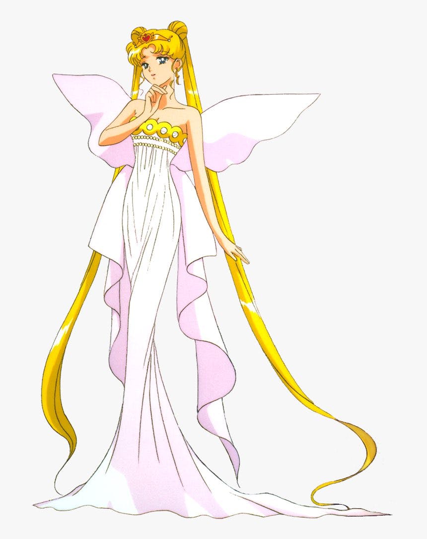 Neo queen serenity with white dress and wings from sailor moon in a princess pose