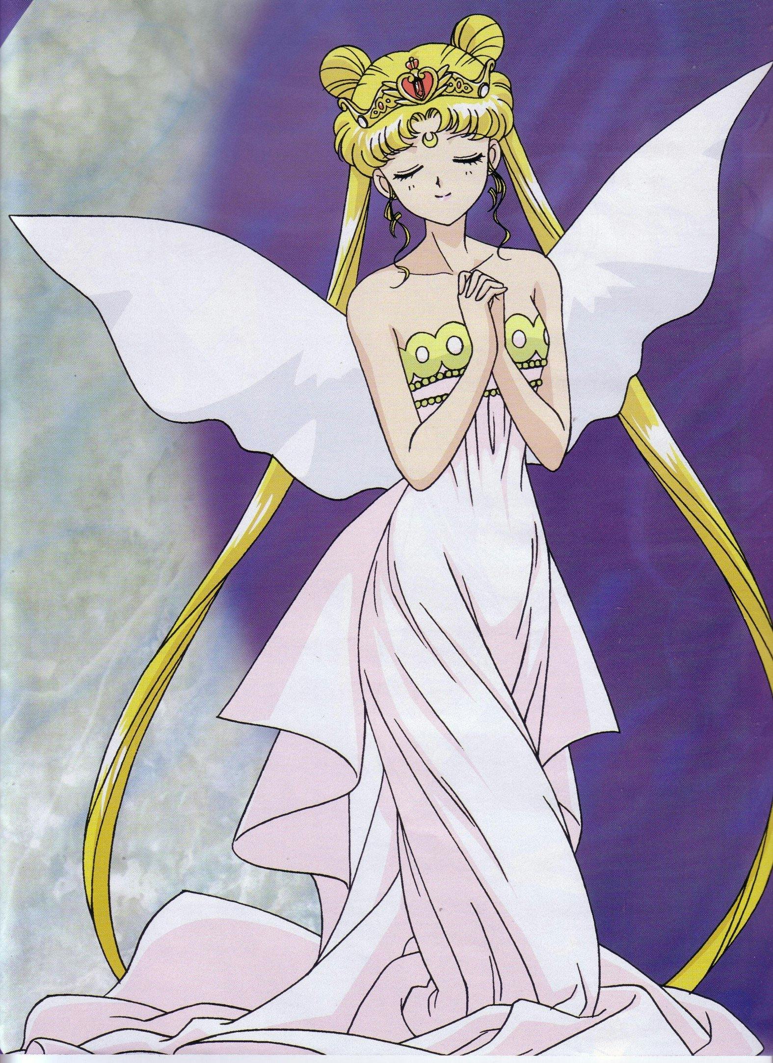 Neo queen serenity with wings and white flowy dress with her eyes closed praying