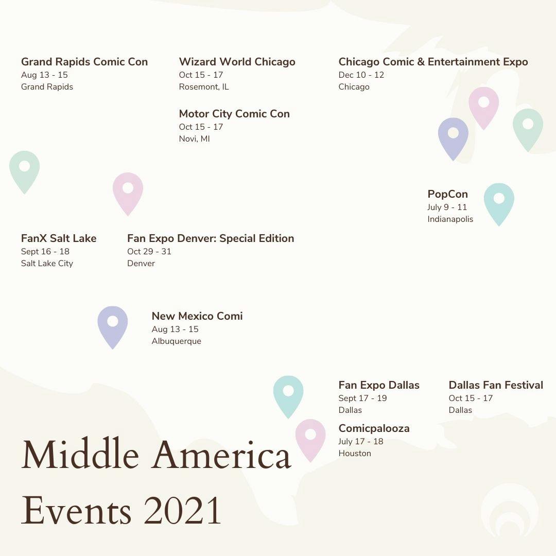Map of cosplay conventions with dates in middle America in 2021.