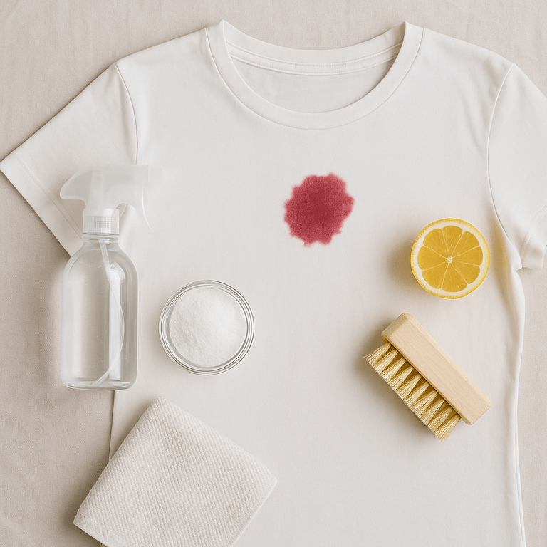 Camiseta con una mancha e items para limpiarla