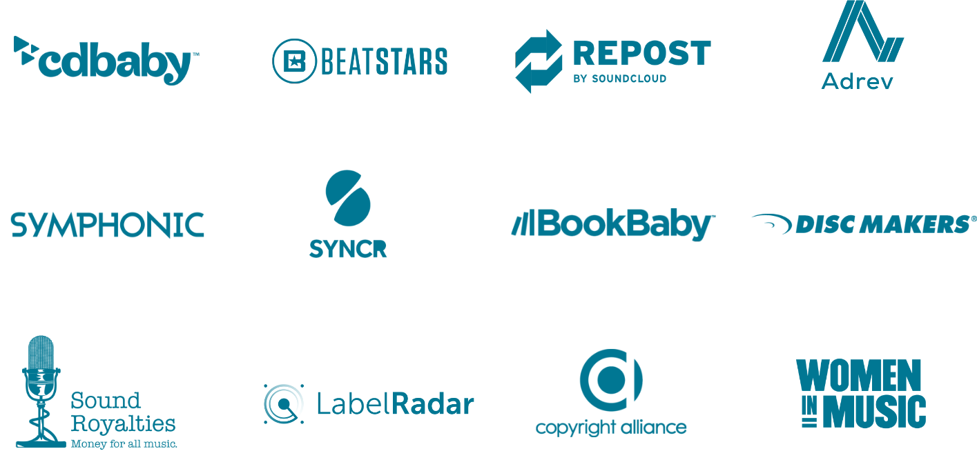 Cosynd's partners: CDBaby, BeatStars, Repost by Soundcloud, Adrev, Symphonic, Syncr, BookBaby, Discmakers, Sound Royalties, LabelRadar, Copyright Alliance, and Women in Music