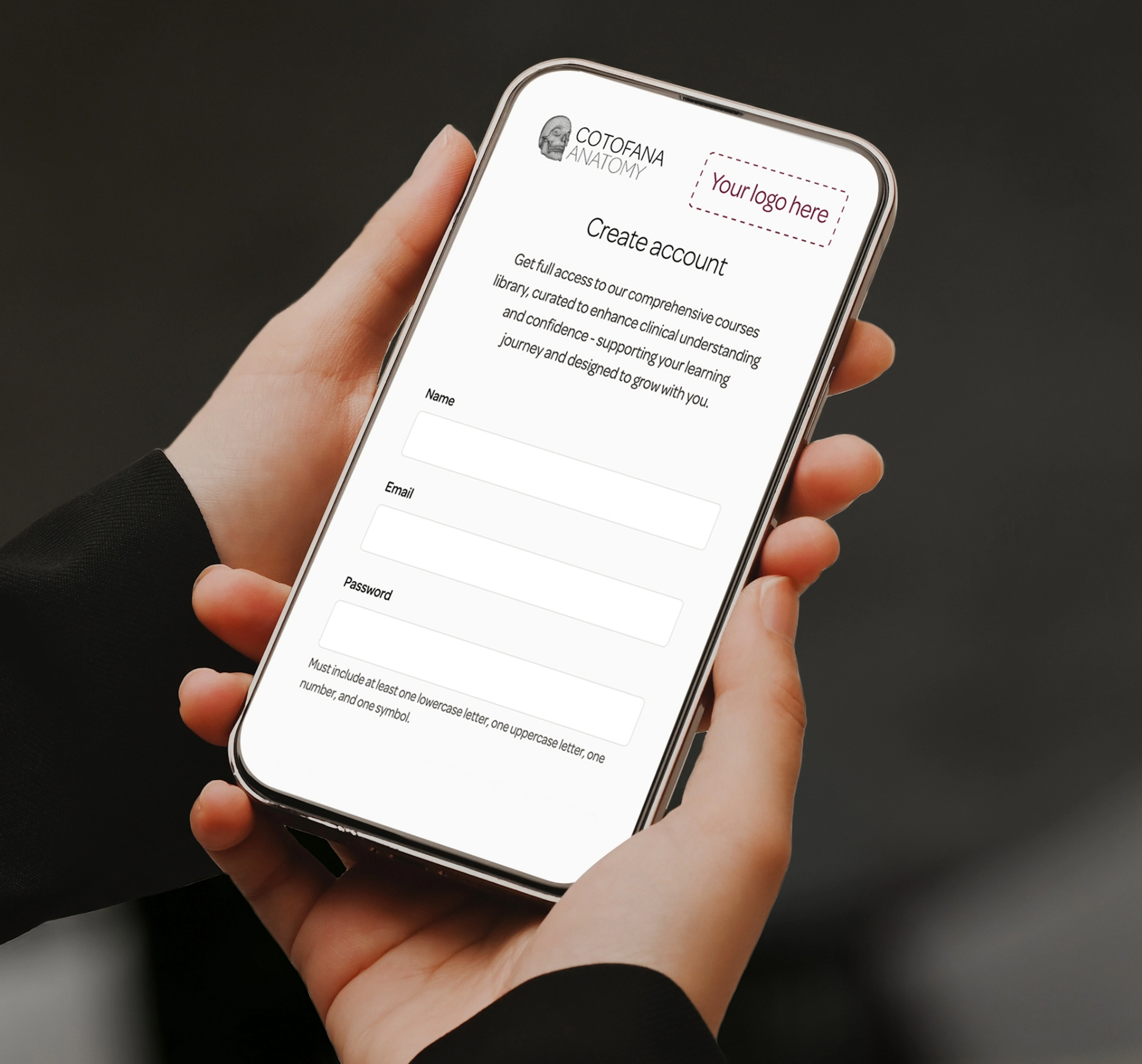 hands holding a phone showing how to create an account on the cotofana platform