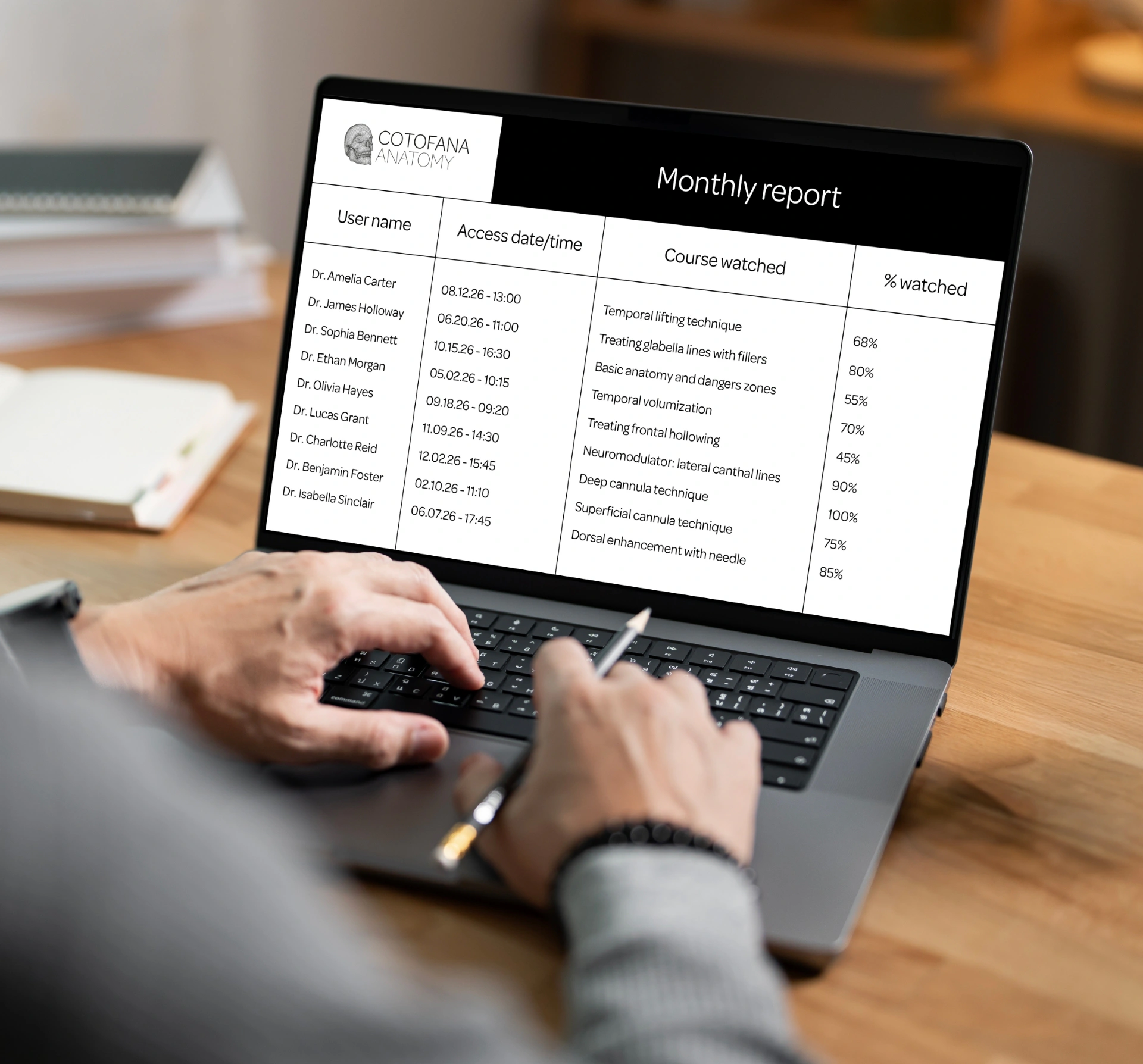 medical professional reviewing the monthly user report on a laptop