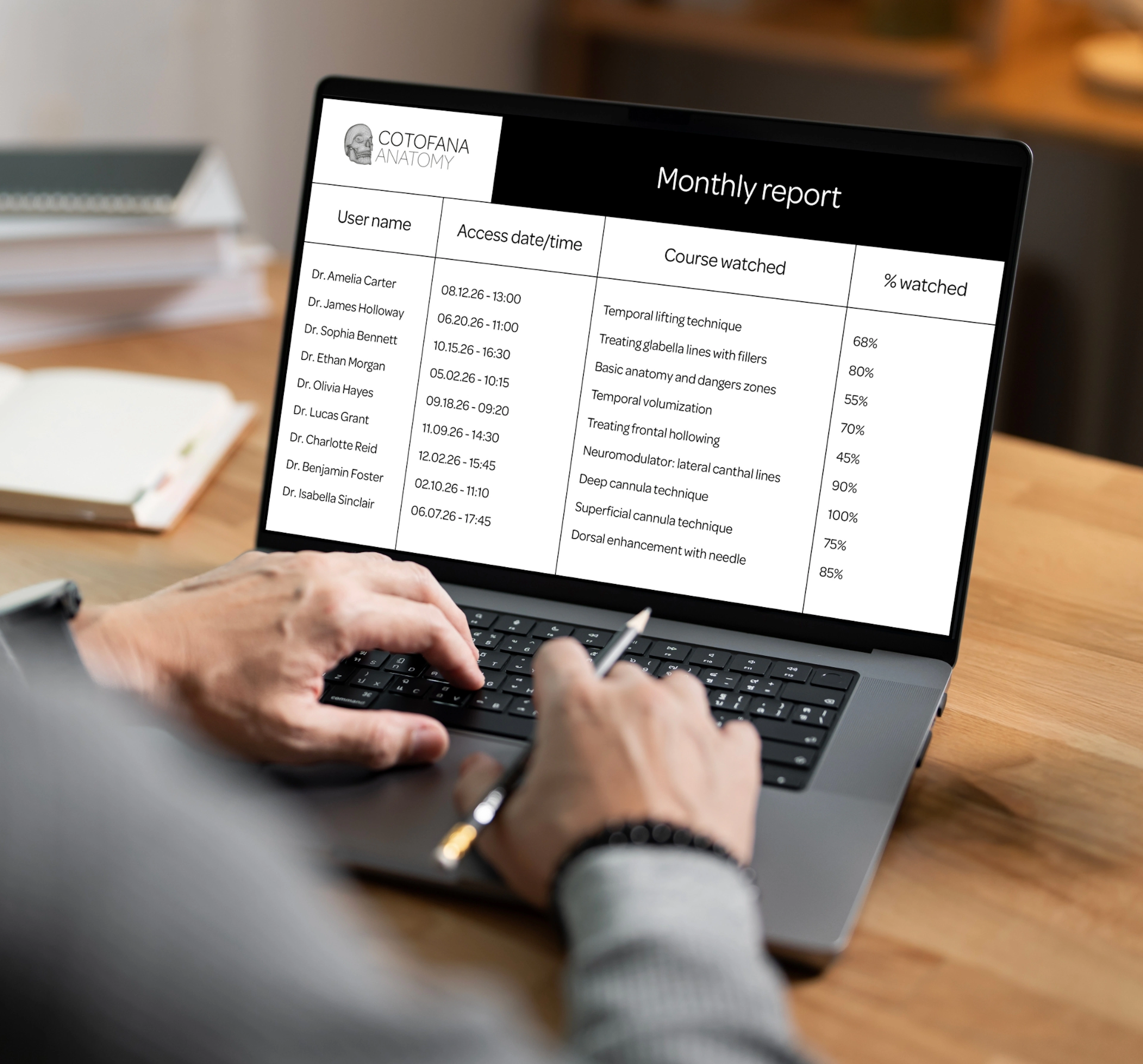 medical professional reviewing the monthly user report on a laptop
