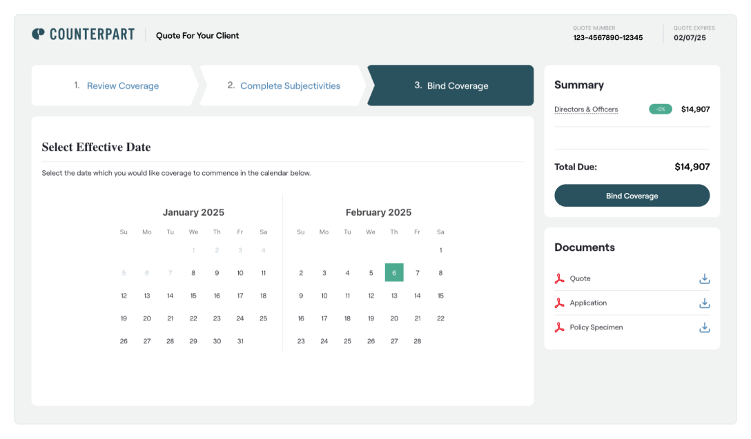 Counterpart's digital bind feature within the broker dashboard