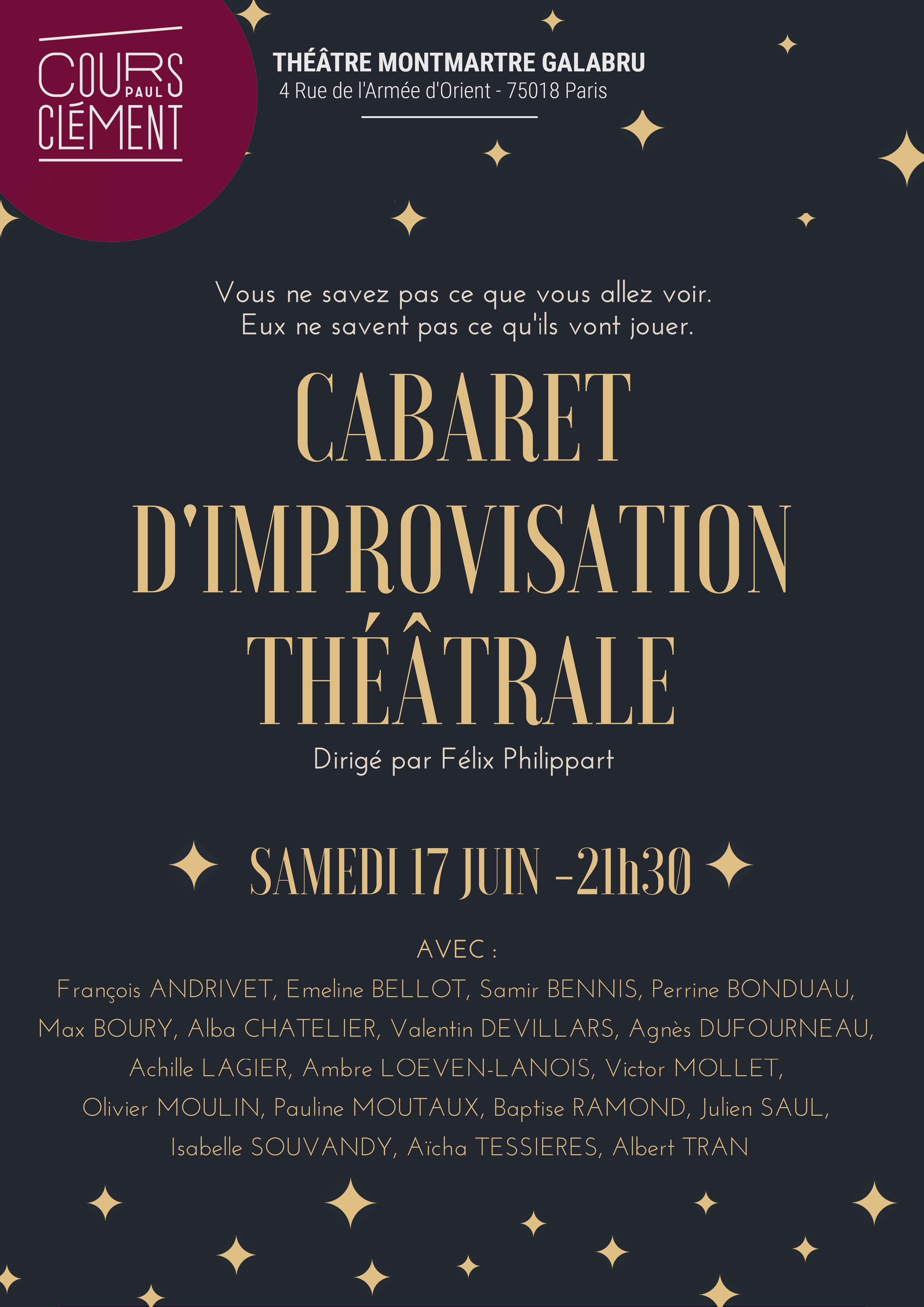 cours improvisation cours clément affiche cabaret d'improvisation 2023 mis en scène par félix philippart