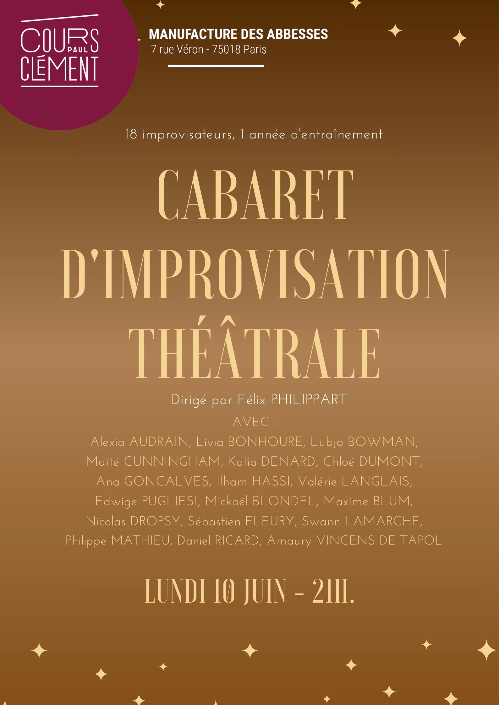 cours improvisation cours clément affiche cabaret d'improvisation 2024 mis en scène par félix philippart