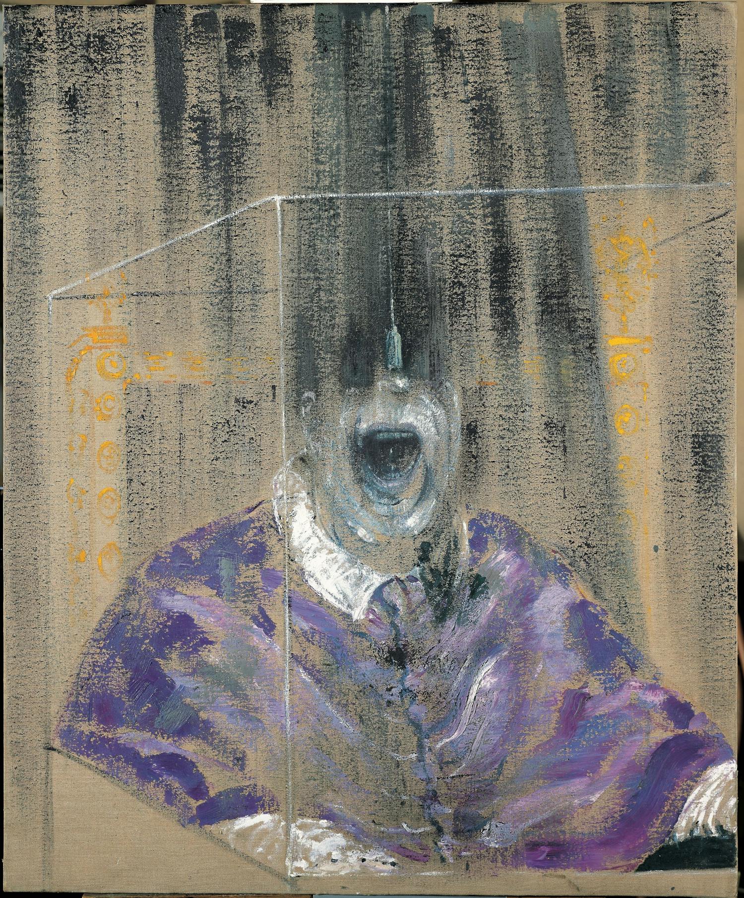 [ID: The image shows a painting of the distorted bust of a man in a purple coat. His mouth is open and his eyes and the top of his head are faded out into black lines. He is surrounded by the white outlines of a cube. To his left and right yellow forms are arranged in horizontal and vertical lines. End of ID]