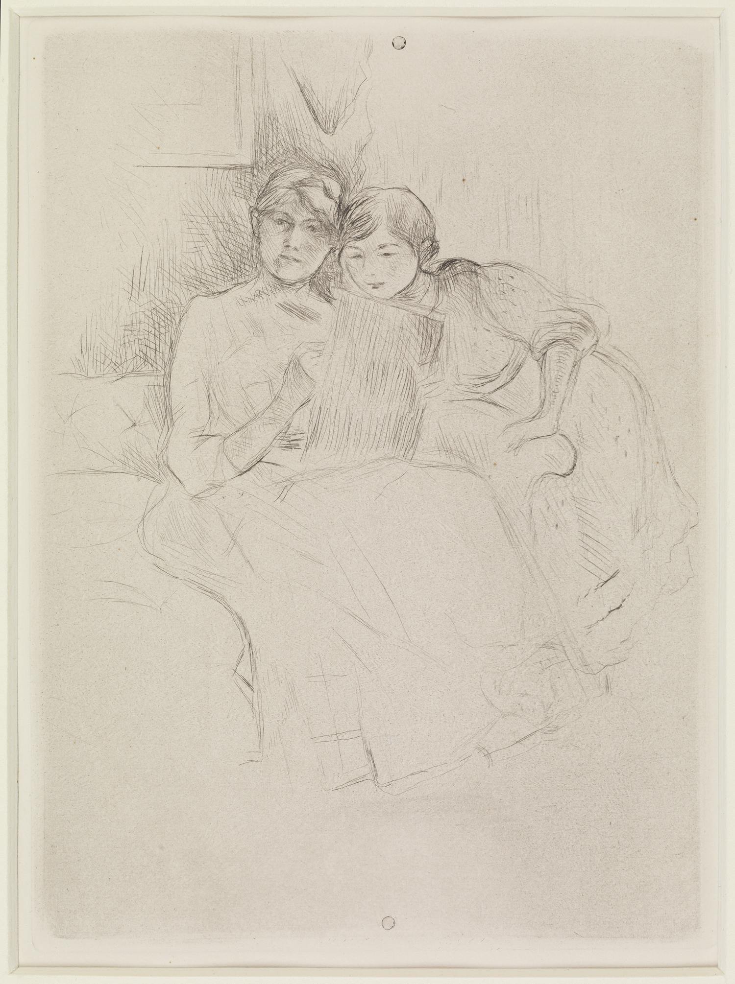 [ID: The image shows a drawing of a woman wearing a long dress. She is sitting on a sofa, looking directly out at us, and holds a sheet of paper. A child is standing on her left, peeking at the sheet of paper over the woman’s shoulder. End of ID]