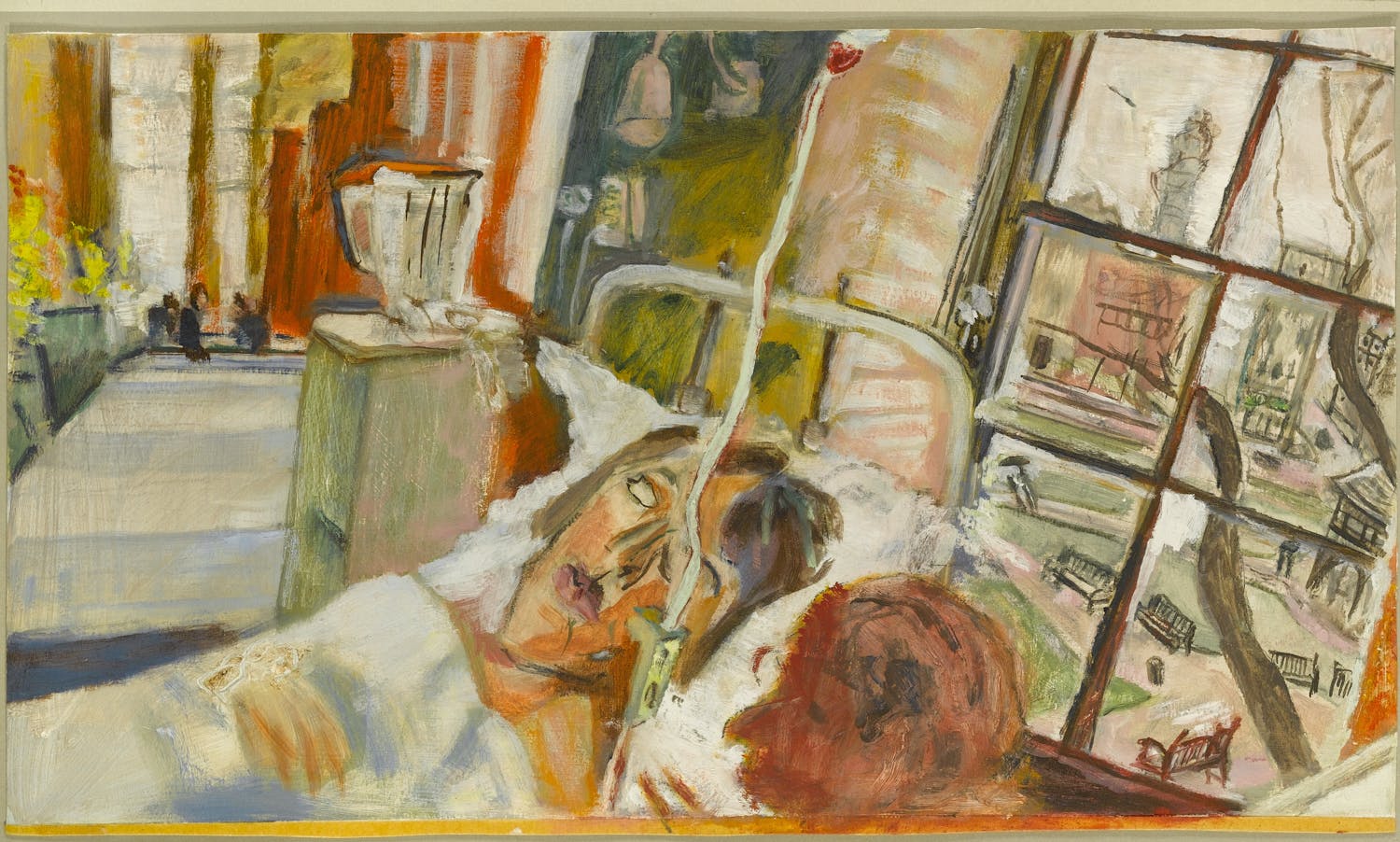 [ID: This image shows a painting of a woman lying in a hospital bed. On the right of the image is a window, which reveals a view of an empty park and buildings in the background. End of ID]