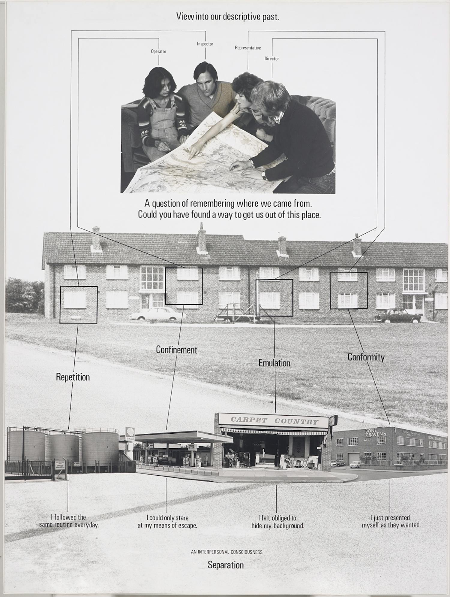 [ID: The three images appear as collages of photographs. On top of each image, a group of people sitting together on a couch, leaning over a table pointing at books and maps. Below them are images of residential and commercial buildings. The group of people is connected to the buildings by geometric lines running through the images. End of ID]