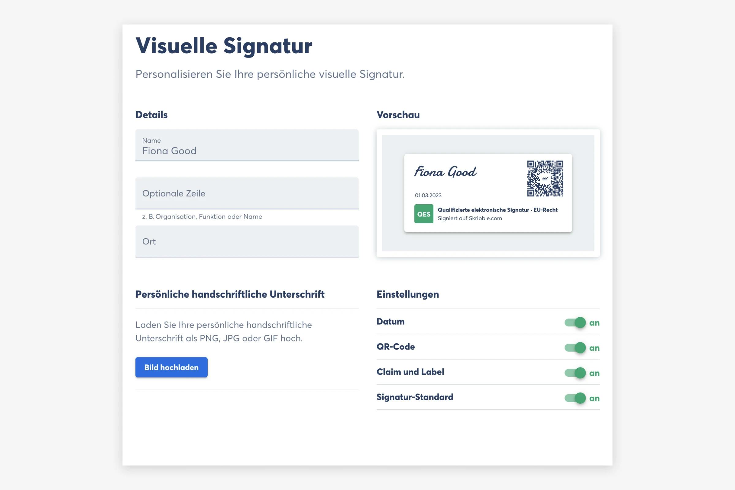 Die visuelle Signatur bei Skribble können Sie individuell anpassen, das Aussehen spielt aber keine Rolle bei der Gültigkeit (Quelle: Skribble)