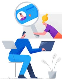 A man is sitting in front of a laptop, above him is a sotware window, where a woman stands out with a big magnifying glass and checks an identity card.