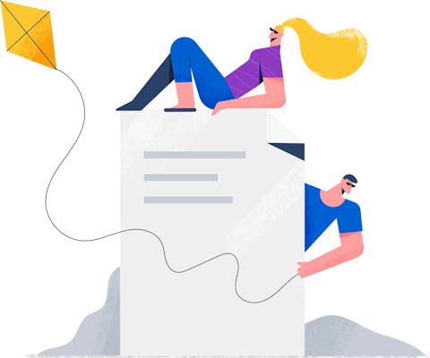 A woman sits on a contract, a man looks out from behind the contract.