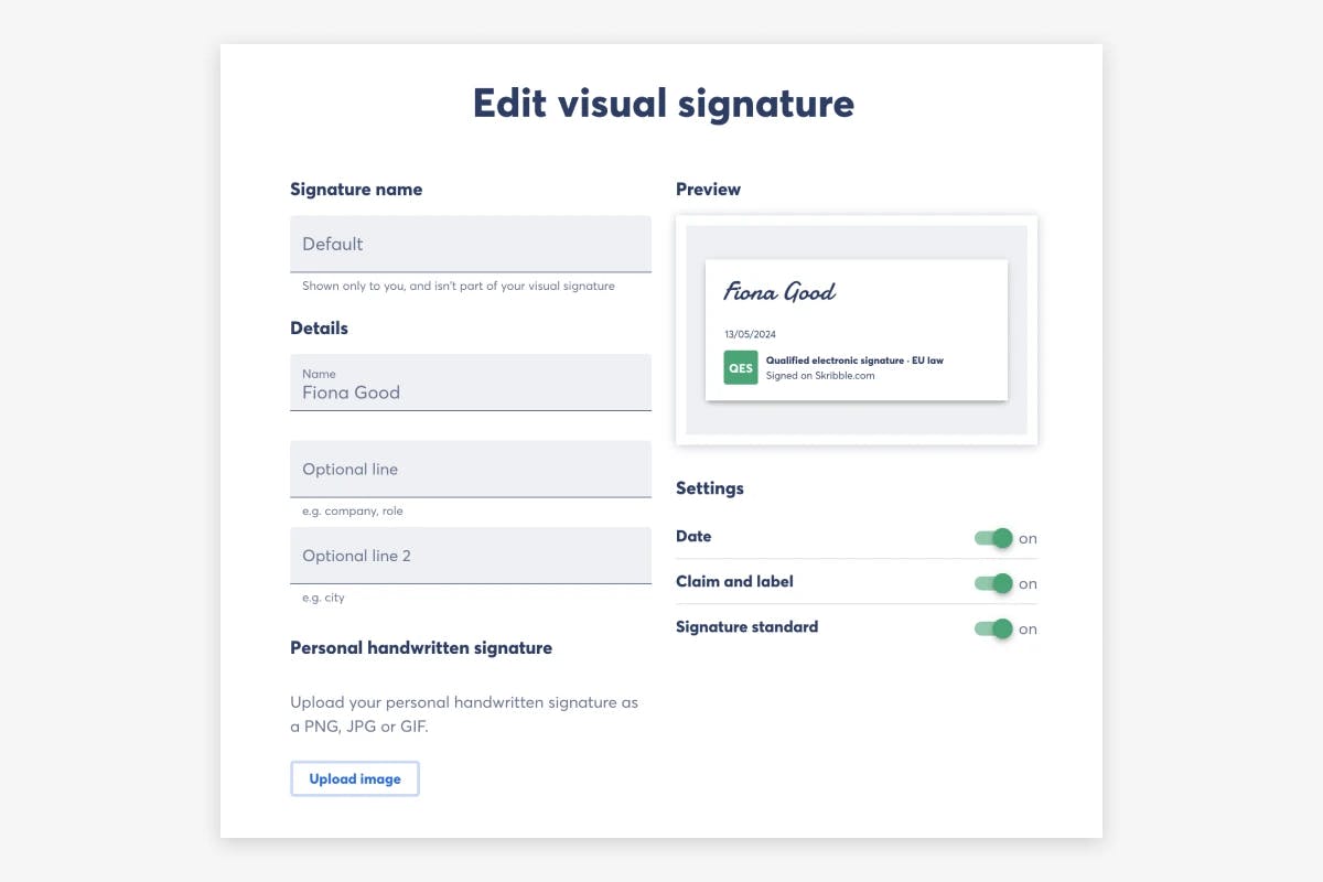 You can customise the visual signature with Skribble, but its appearance does not affect its validity (Source: Skribble)