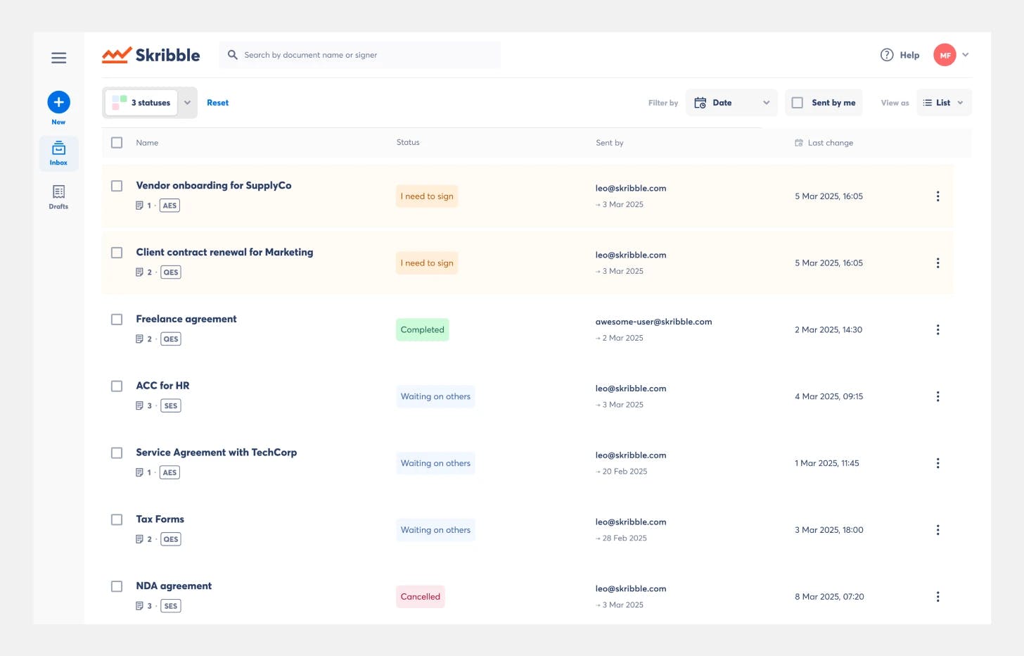 Die neue Skribble Inbox bringt mehr Filter, bessere Übersicht und mehr Platz. (Quelle: Skribble)