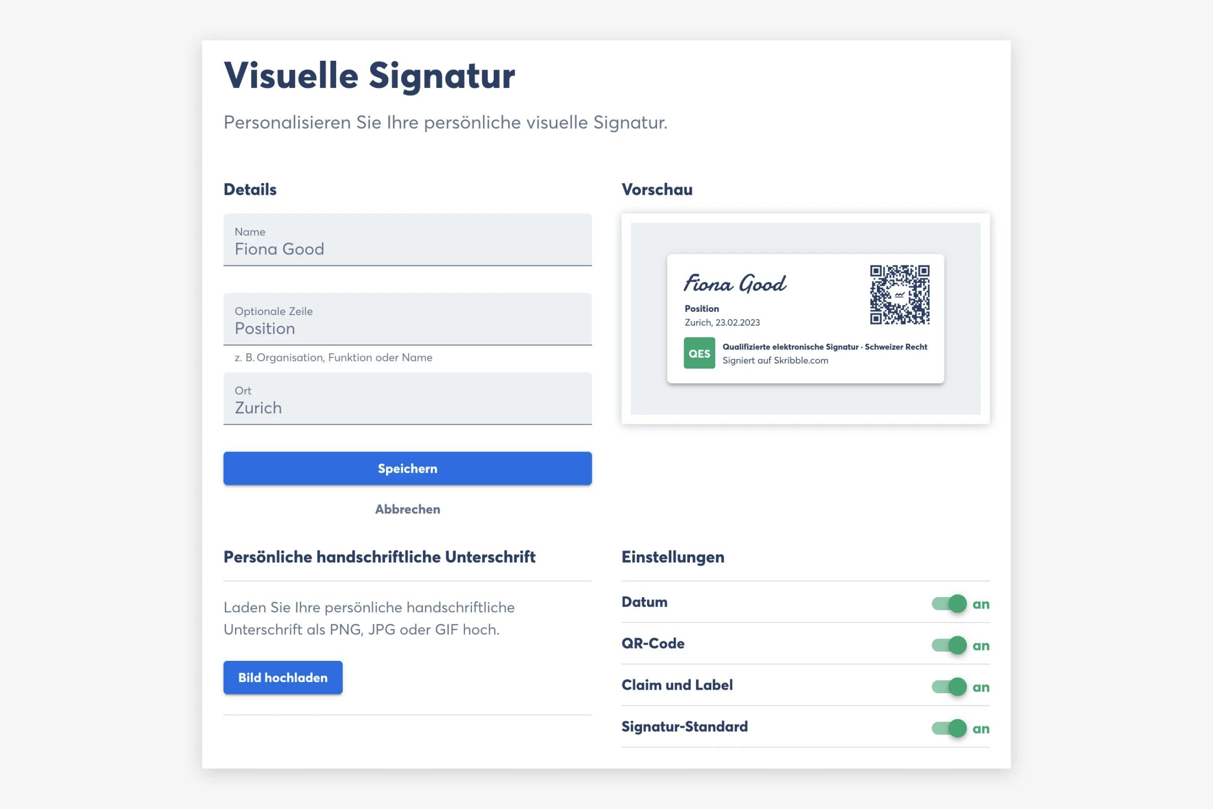 Die visuelle Signatur bei Skribble können Sie individuell anpassen, das Aussehen spielt aber keine Rolle bei der Gültigkeit (Quelle: Skribble)