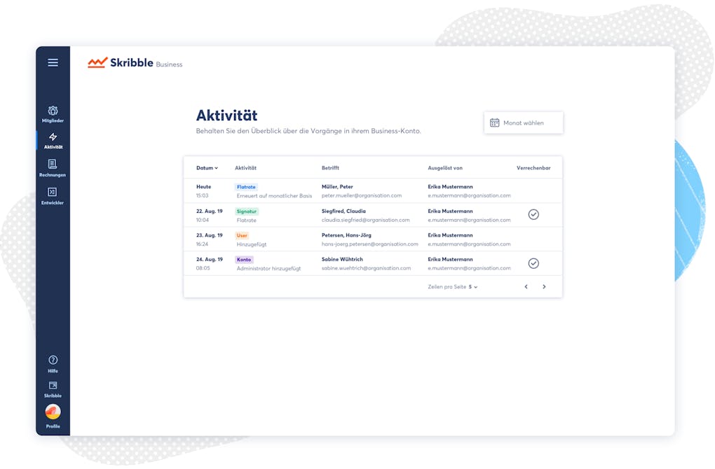 Skribble Business-Account - Benutzeroberfläche.