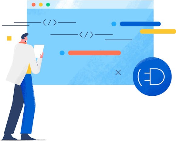An engineer stands in front of an API window with API documentation.