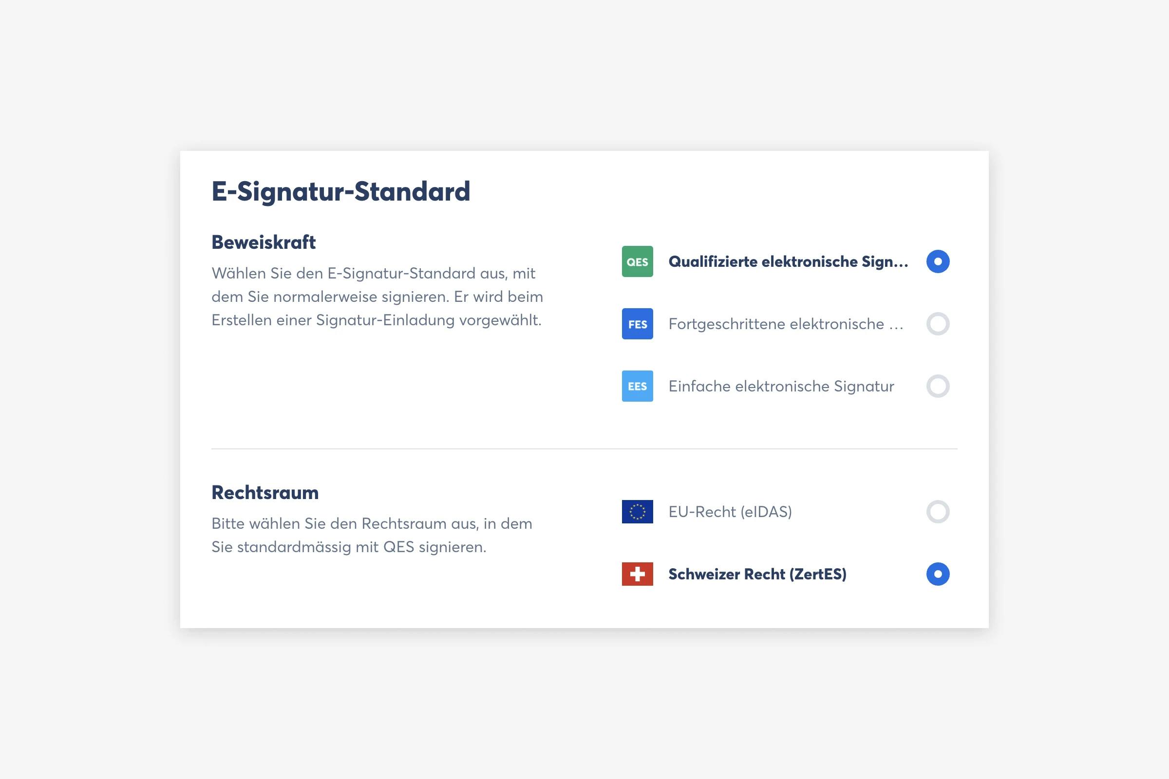 Choose the e-signature standard and the jurisdiction