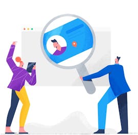 A woman and a man are standing in front of a large software window and the man is holding a big hatch with an identity card inside.