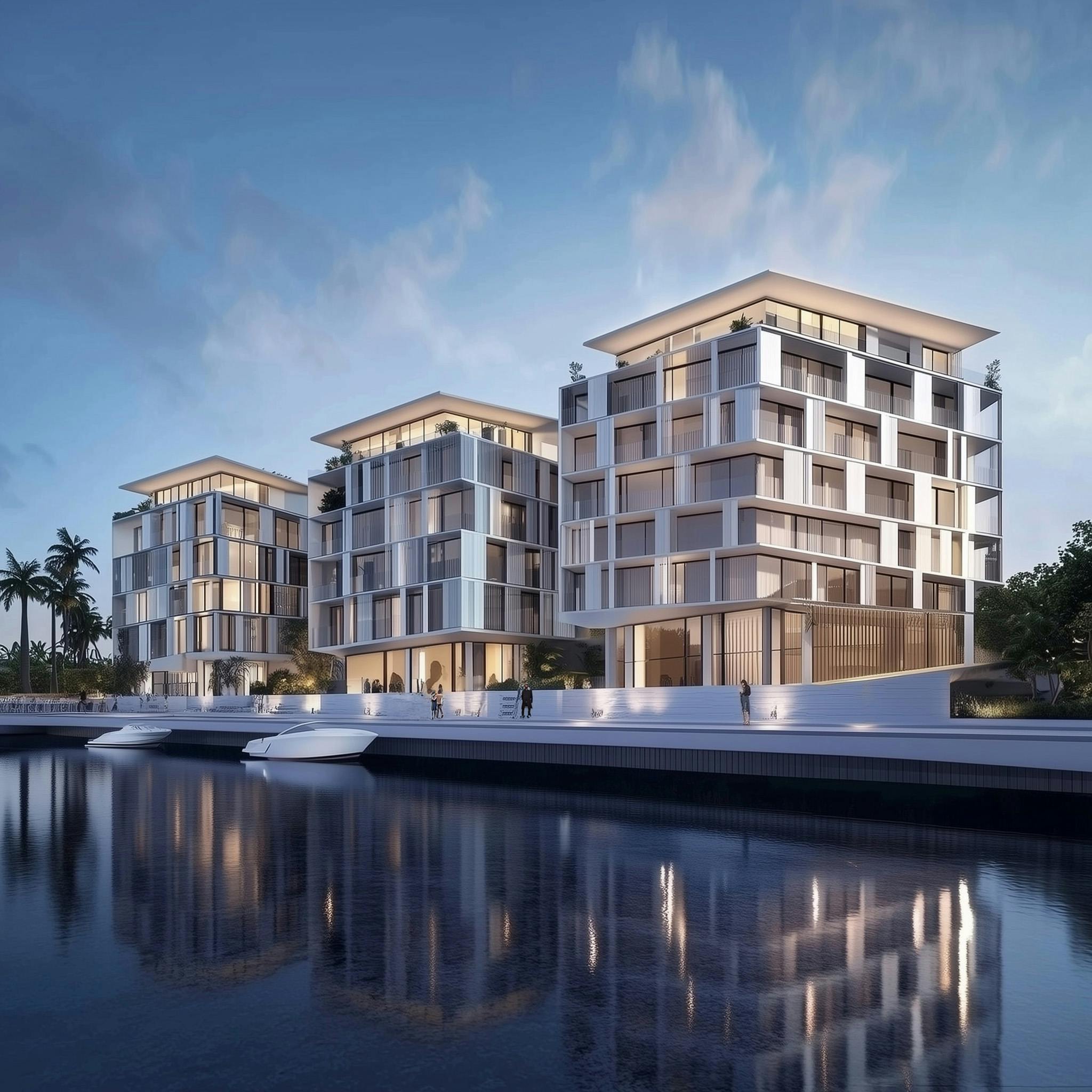 AI-modeled luxury waterfront residences in Fort Lauderdale designed by Cove — modern mid-rise architecture featuring flood-resilient design and tropical elegance.
