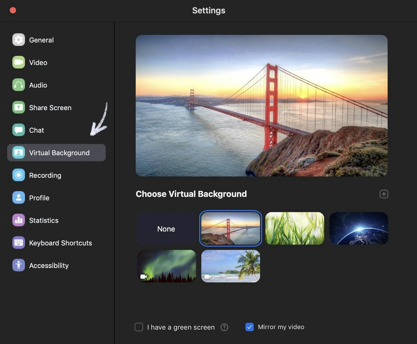 Meeting app interface choosing a virtual background