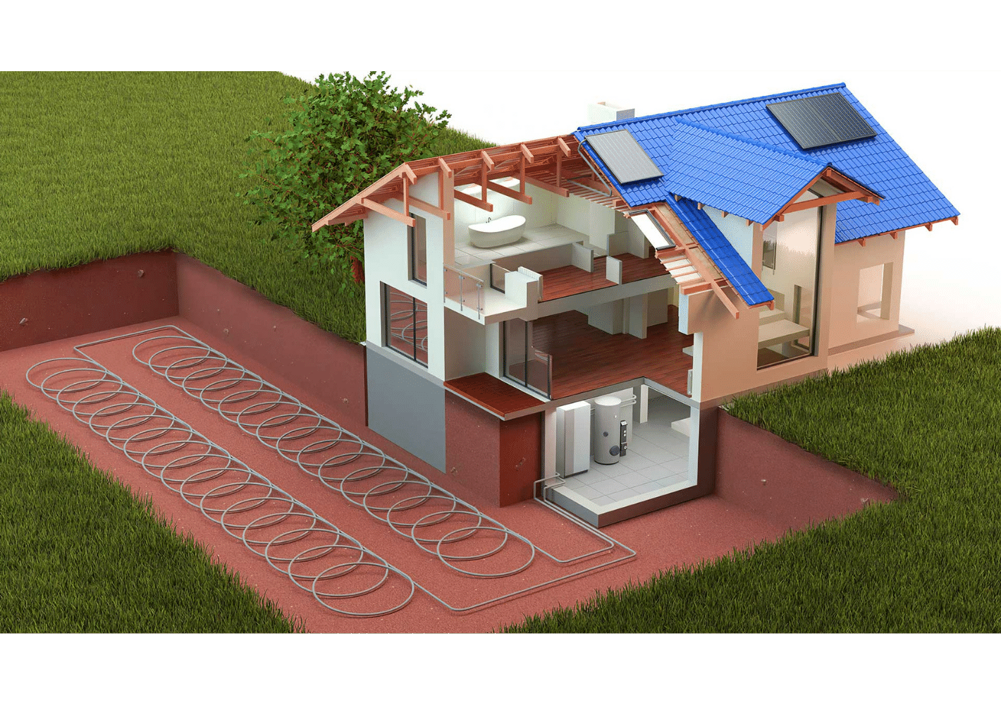 ground source heat pump connection to house and house envelope sectioned