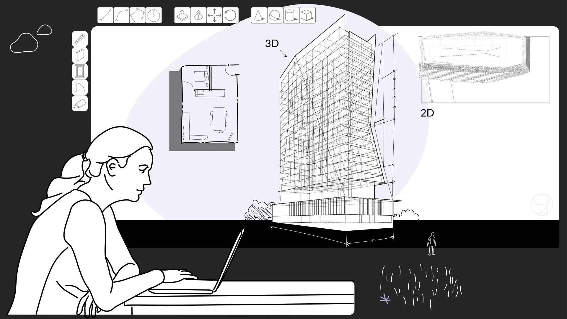 person at a computer looking at a building drawing mockup