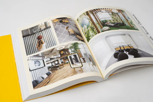Magazine-style layout with pictures of office spaces and design details
