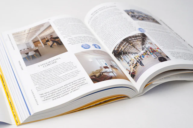 Pages with photographs of coworking areas and descriptive text