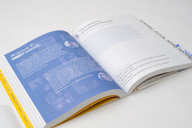Spread with images of coworking events and community gatherings