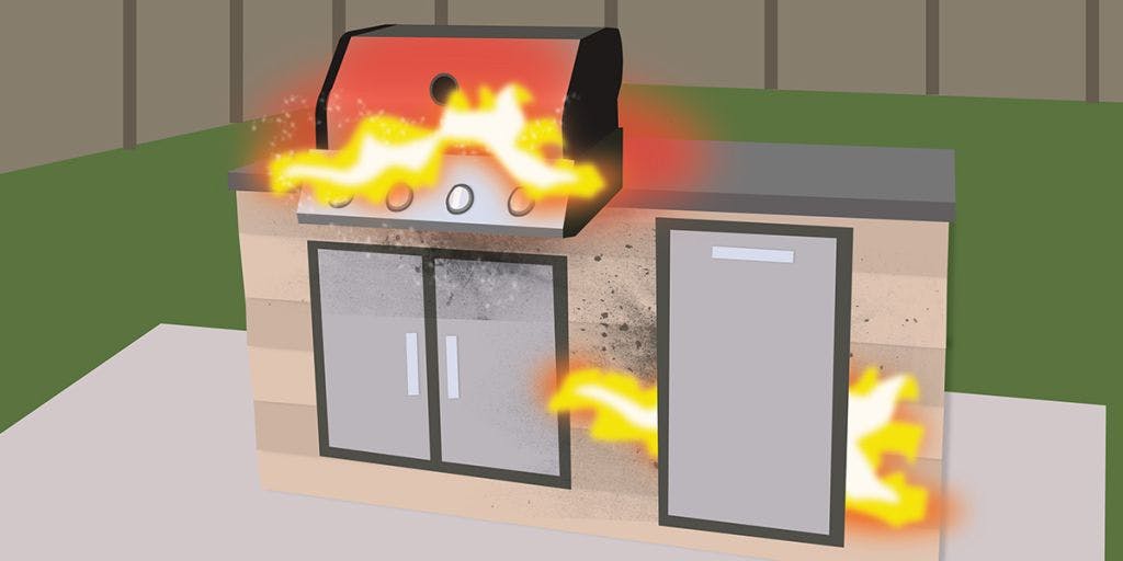 wood outdoor kitchen catching fire