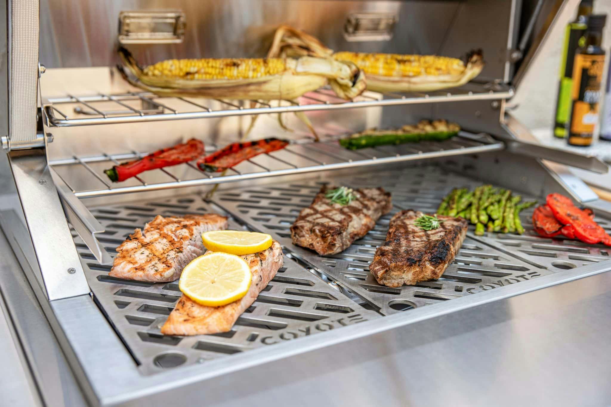 grilled fish and steak