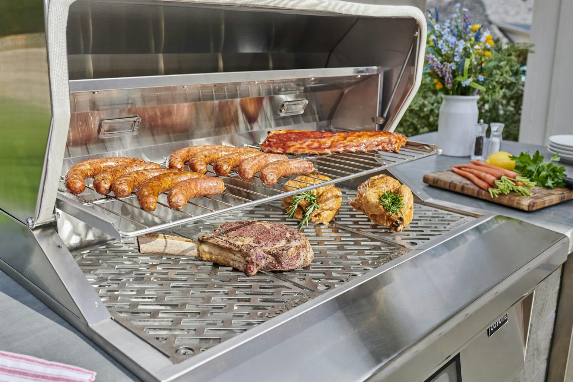 sausage and steak on grill